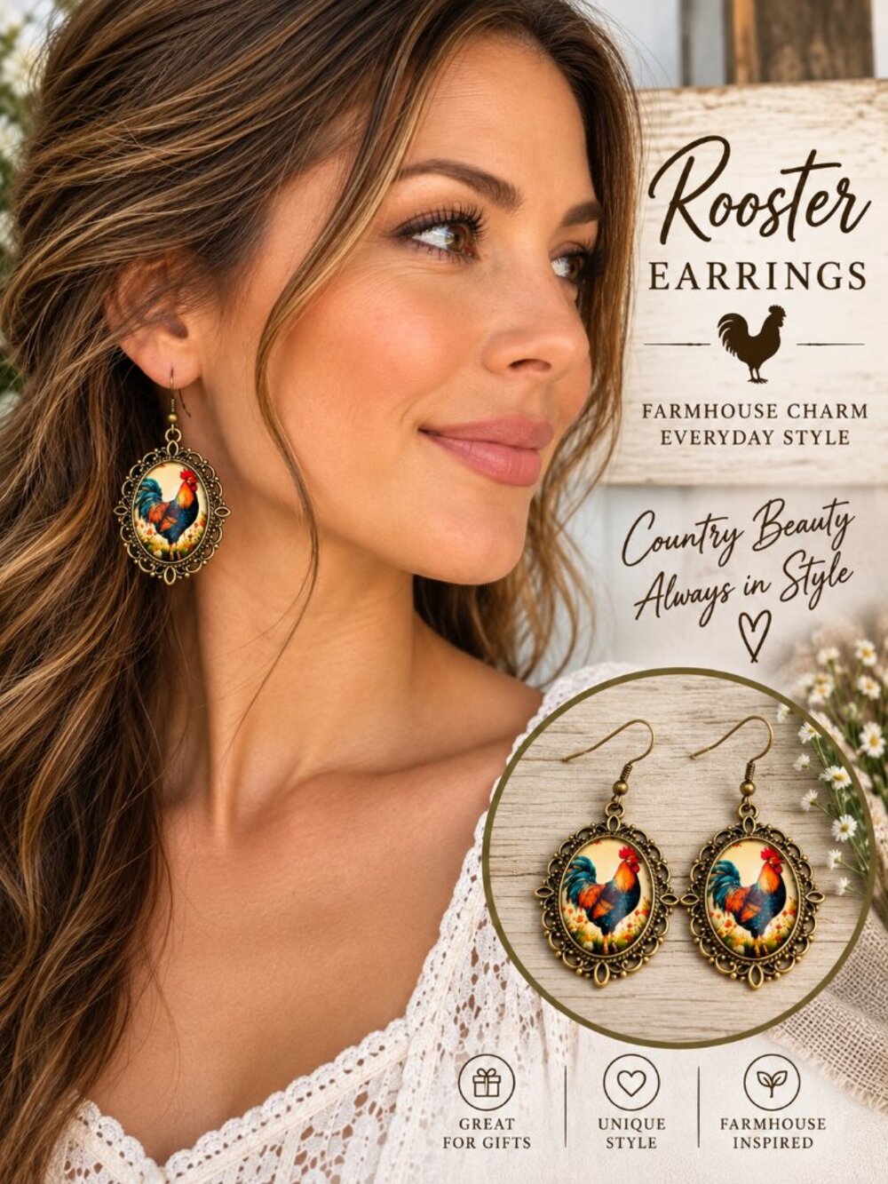 Rooster Earrings Glass Cabochon Antique Gold Filigree Farmhouse Chicken Dangle